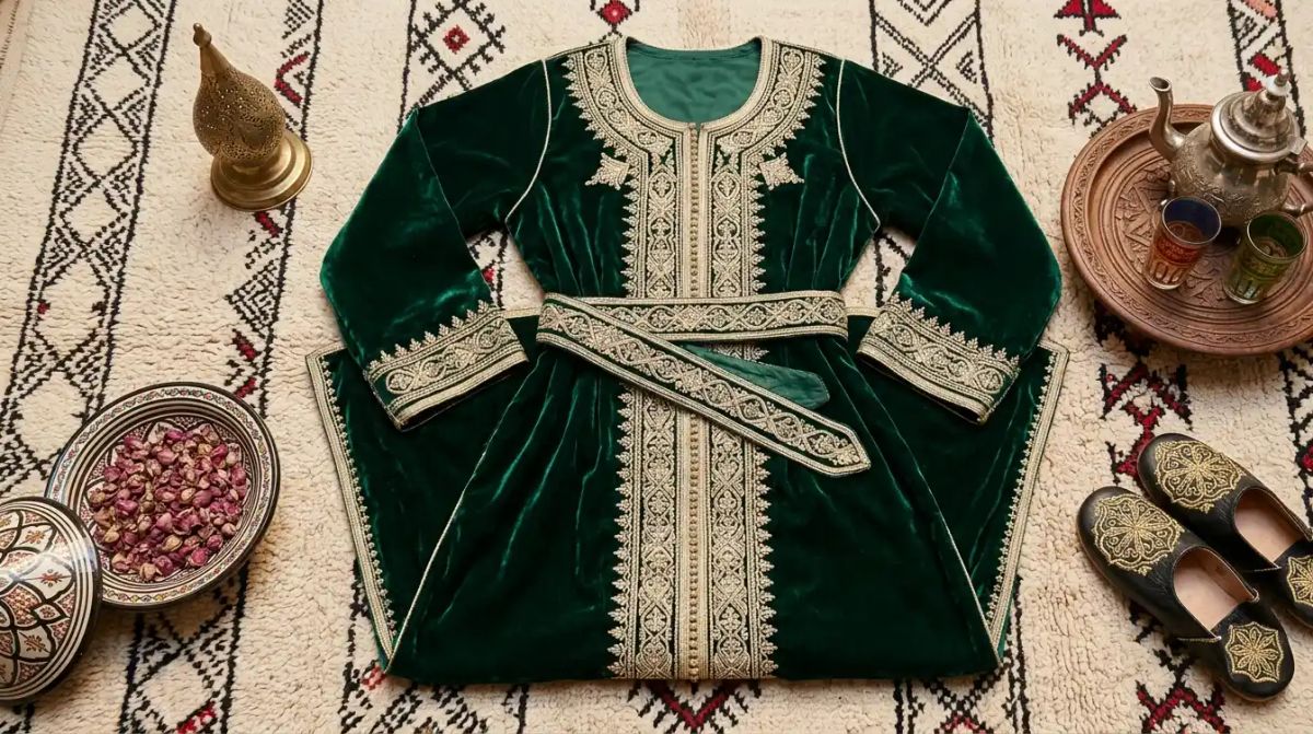 A Moroccan kaftan in jewel tones at a traditional wedding ceremony