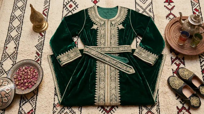 A Moroccan kaftan in jewel tones at a traditional wedding ceremony