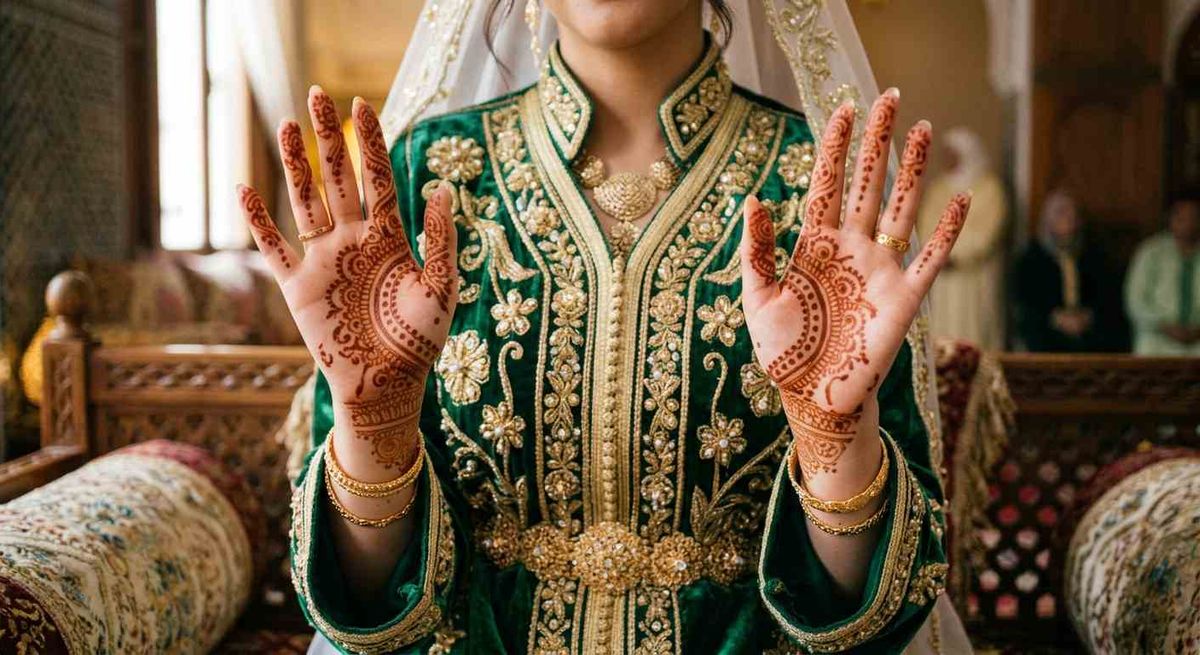 Moroccan bride in a traditional embroidered caftan with henna-decorated hands