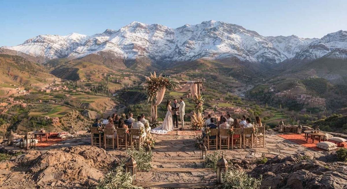 Outdoor wedding ceremony setup with the Atlas Mountains in the background