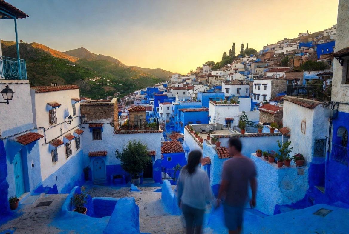 Couple walking through the blue-painted streets of Chefchaouen, Morocco