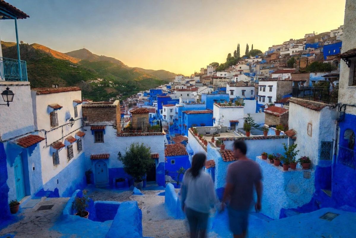 Couple walking through the blue-painted streets of Chefchaouen, Morocco