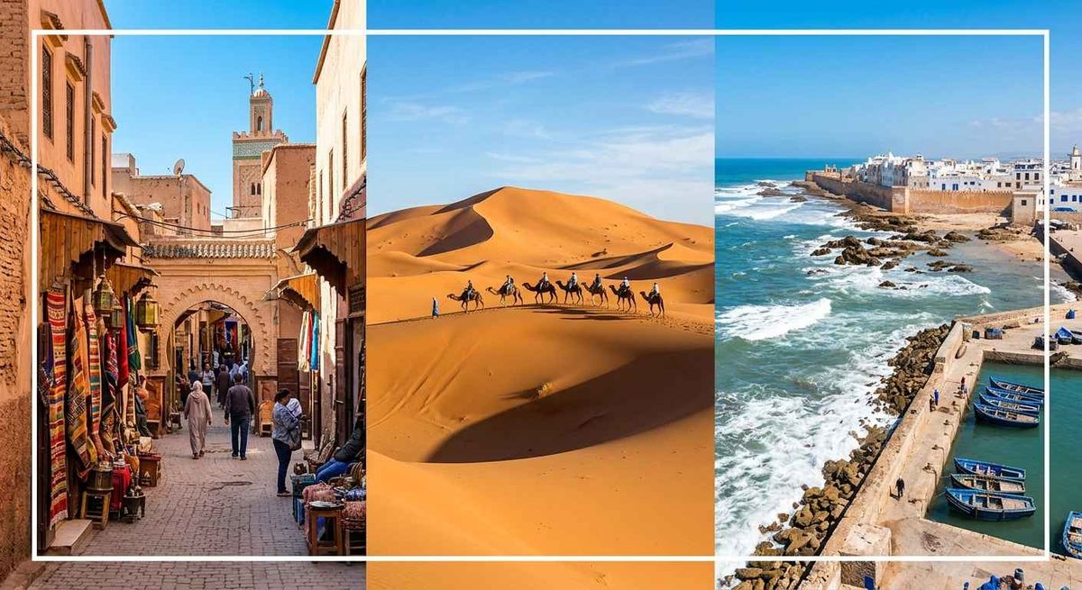 Scenic collage of Moroccan destinations including a medina, desert dunes, and coastline