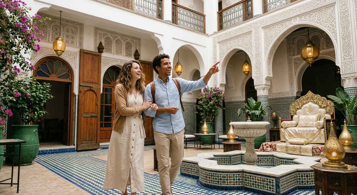 Couple touring a Moroccan wedding venue with traditional architecture