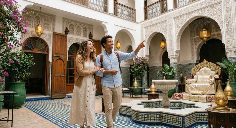 Couple touring a Moroccan wedding venue with traditional architecture