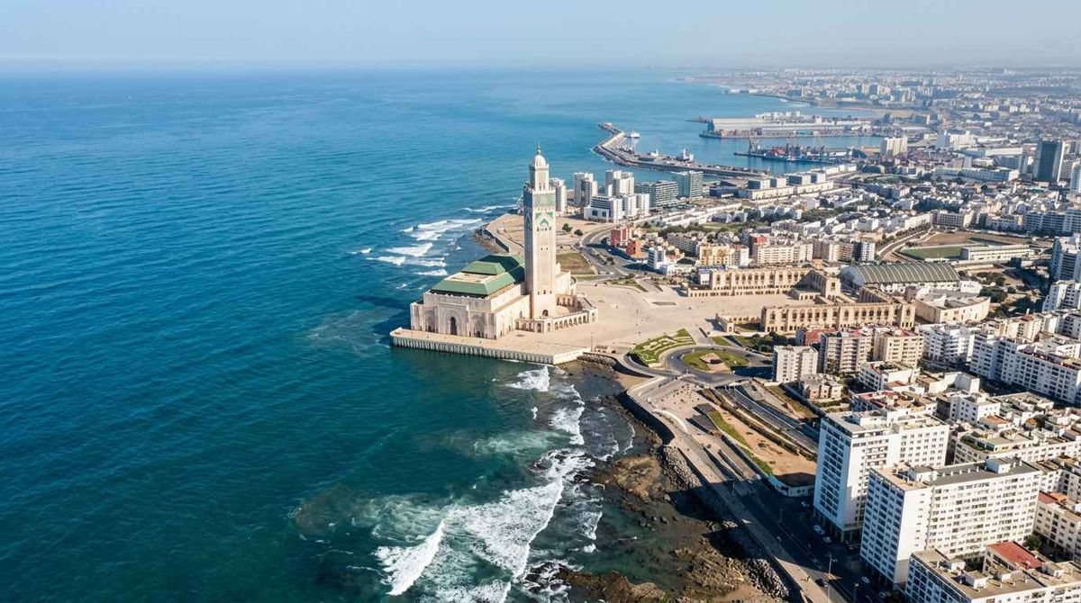 Aerial view of Casablanca skyline along the Atlantic coast
