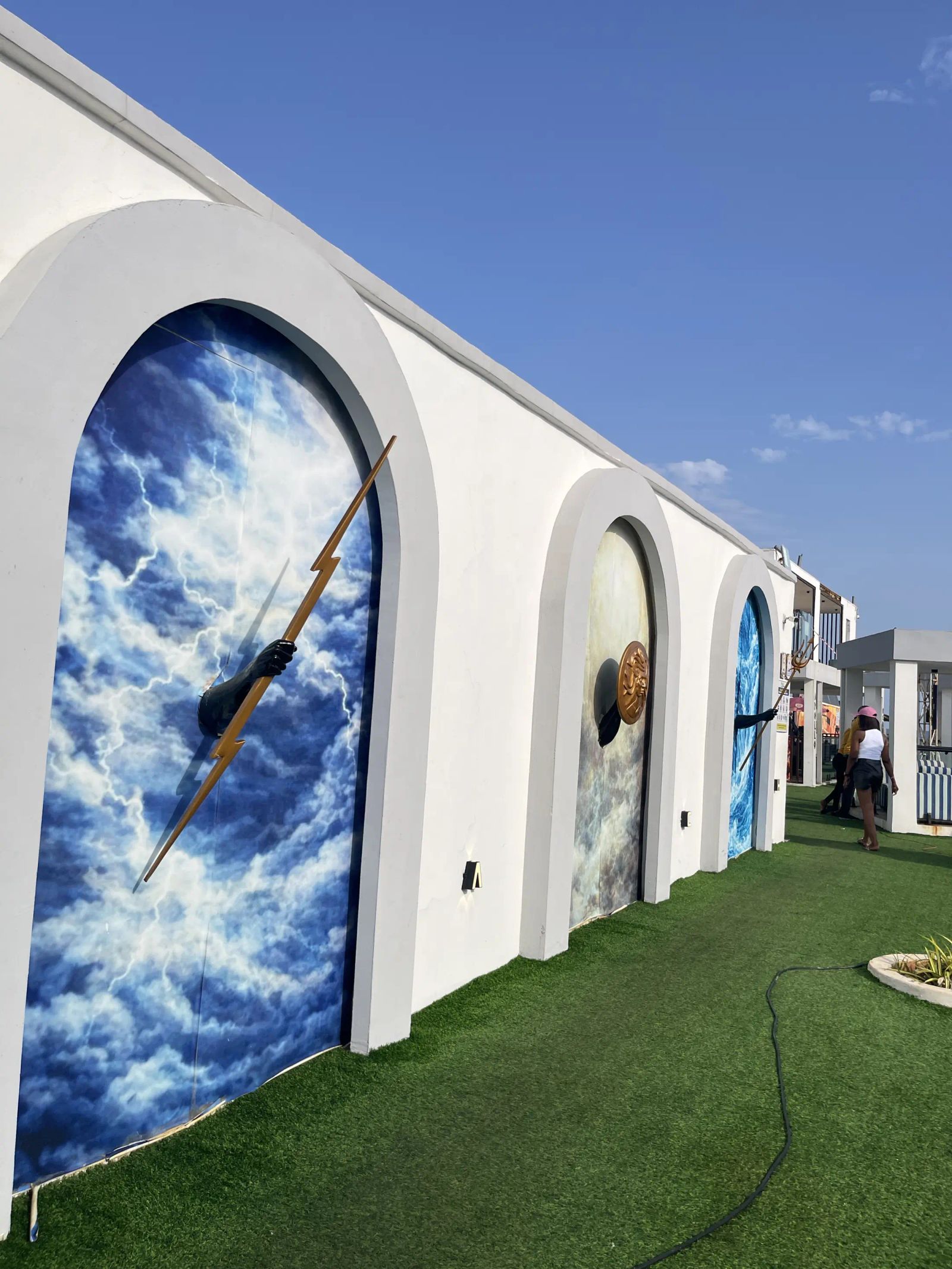 White arches painted with the sea