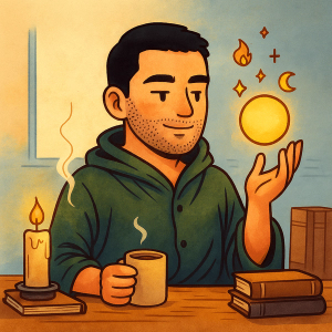 Watercolor art of wizard levitating a glowing orb with books and candle.