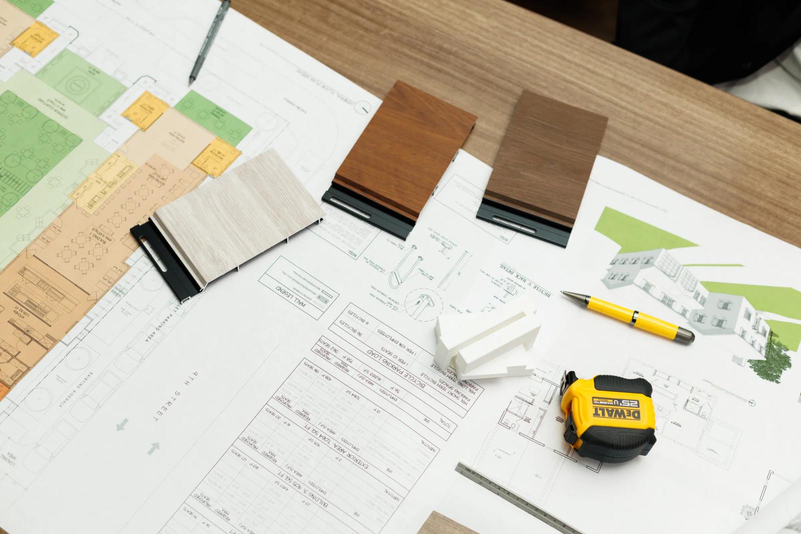 Construction documents, material samples and drafting tools