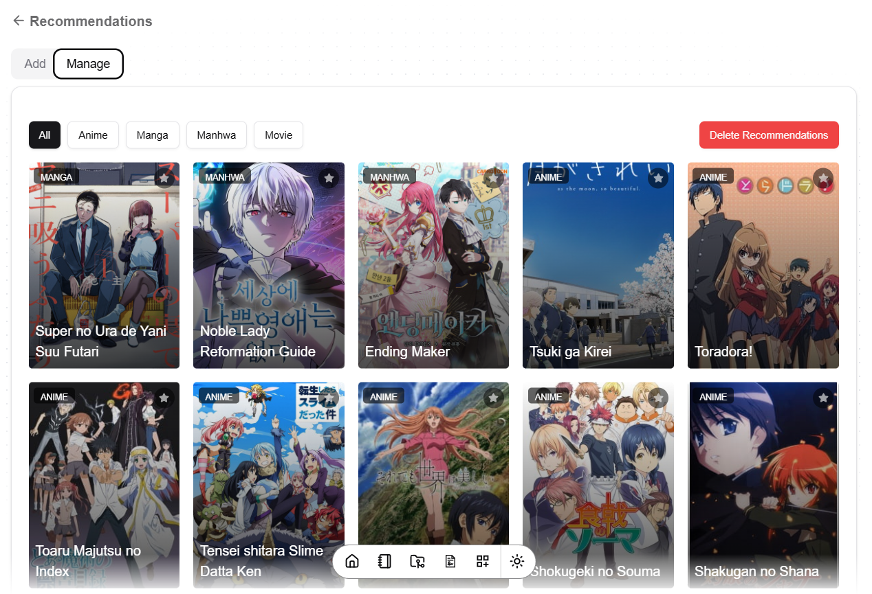 Recommendation management admin panel