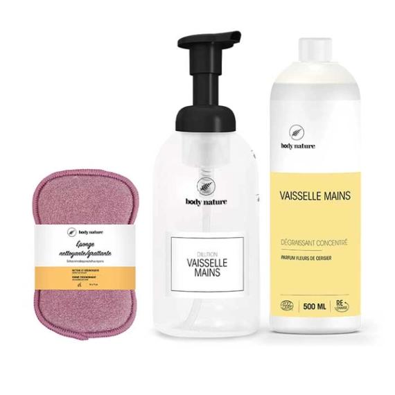 Incontournable vaisselle fleur de cerisier + flacon pompe + éponge nettoyante grattante + fiche conseils