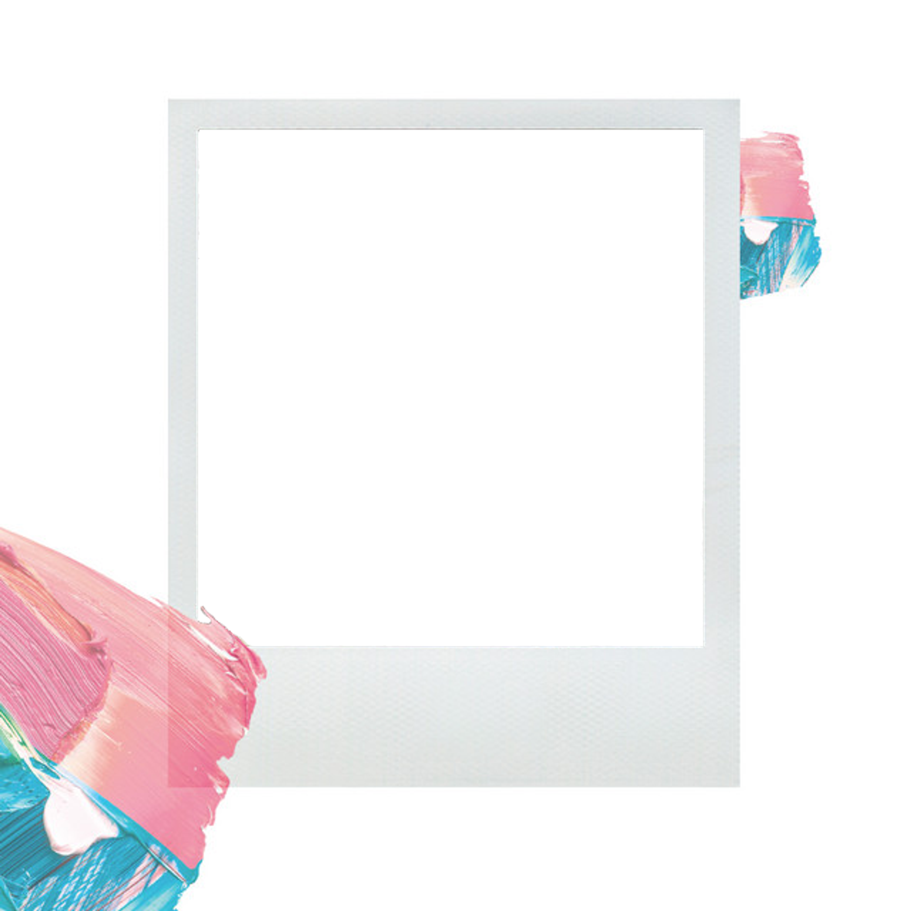 A blank Polaroid-style photo frame. Surrounding the photo are abstract strokes of pink and blue paint on the border of the frame.