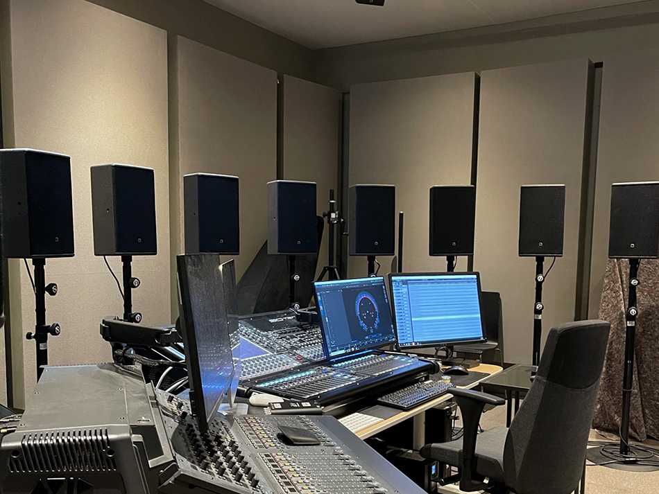 Surround sound mastering suite complete with acoustic treatment Surround sound mastering suite complete with acoustic treatment