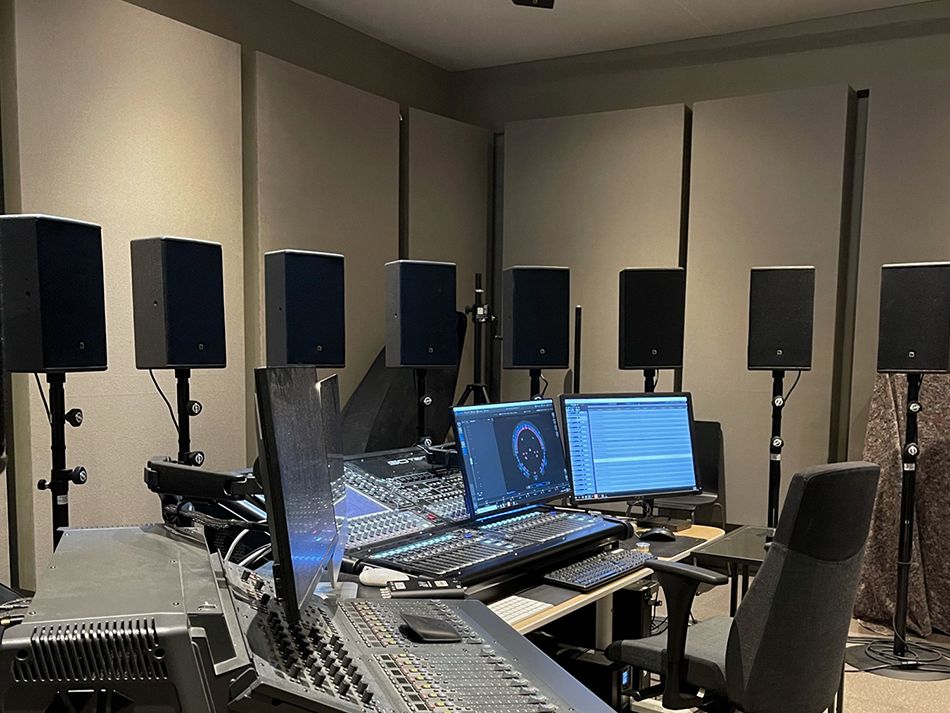 Surround sound mastering suite complete with acoustic treatment Surround sound mastering suite complete with acoustic treatment