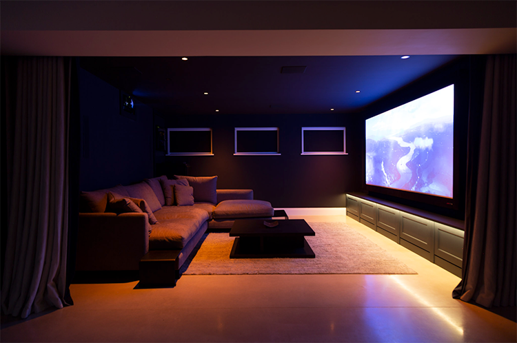 Dolby Atmos 5.2.4 immersive surround sound and 4K HDR visuals Dolby Atmos home cinema room with acoustic wall tiling, Windsor