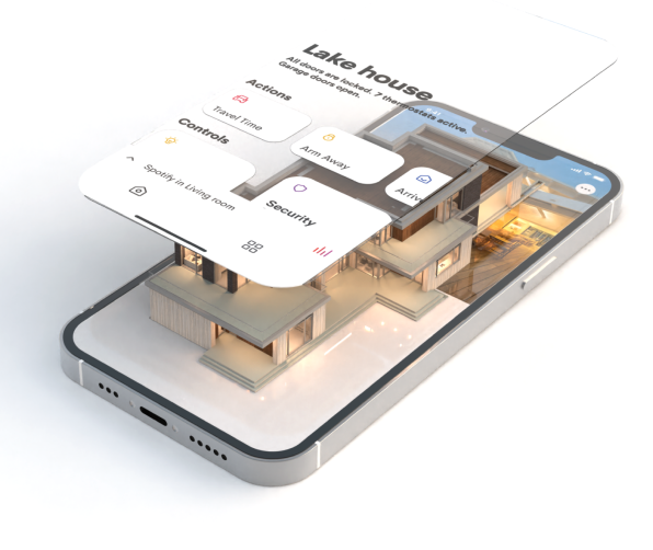 Crestron Home Smart Automation Mobile App - Control Home Systems via Smartphone Interface with 3D Floor Plan Visualization Crestron Home smart home app interface displayed on smartphone with 3D house floor plan visualization