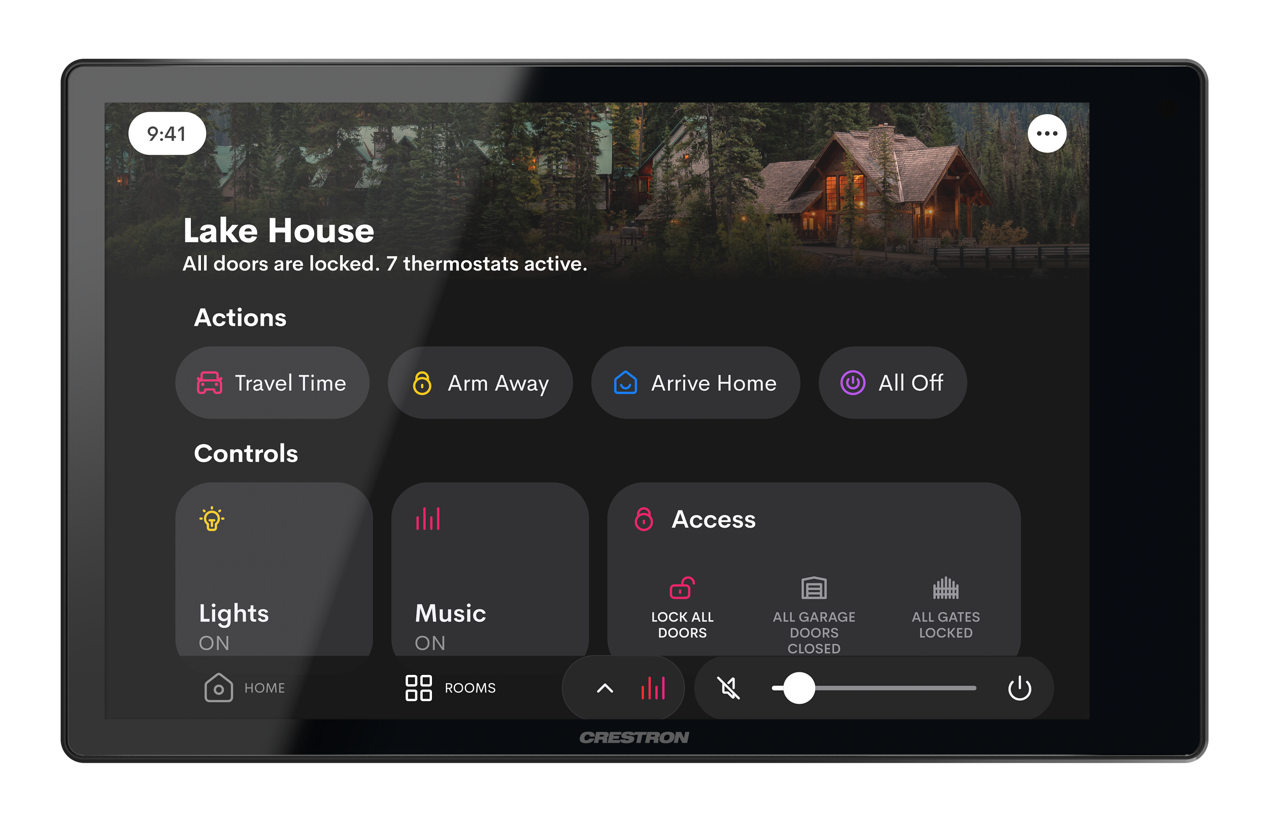 Crestron Home Smart Home Automation Interface - Lake House Control Dashboard with Integrated Security, Lighting, Music, and Climate Management Crestron Home smart home interface showing Lake House control dashboard with security, lighting, and climate settings