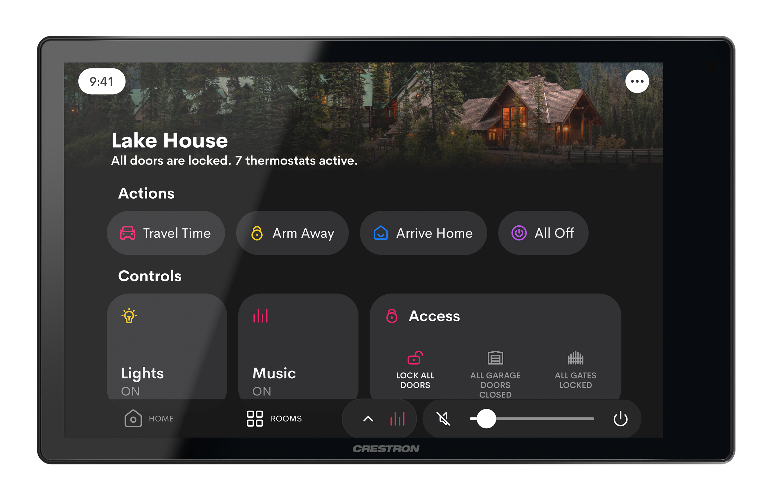 Crestron Home smart home interface showing Lake House control dashboard with security, lighting, and climate settings
