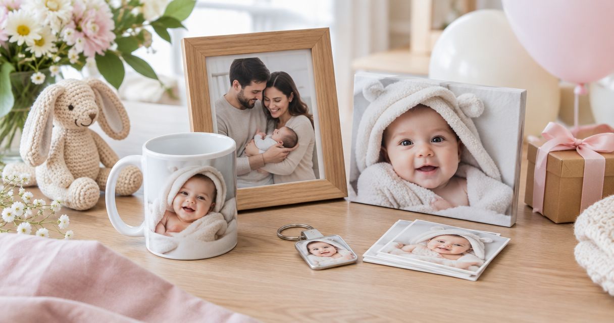 Personalised photo gifts for baby shower favours