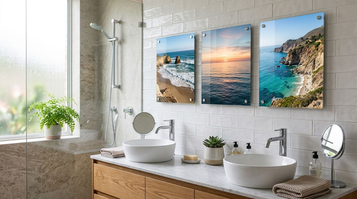 Glass photo prints for bathroom walls