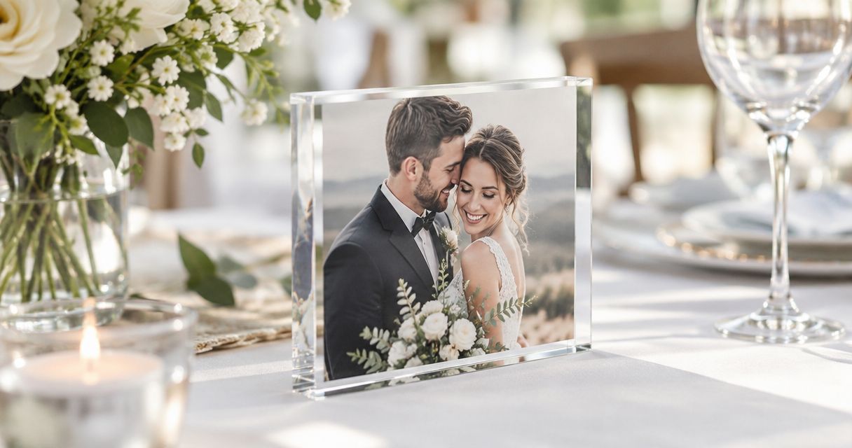 Personalised acrylic photo blocks for wedding table displays