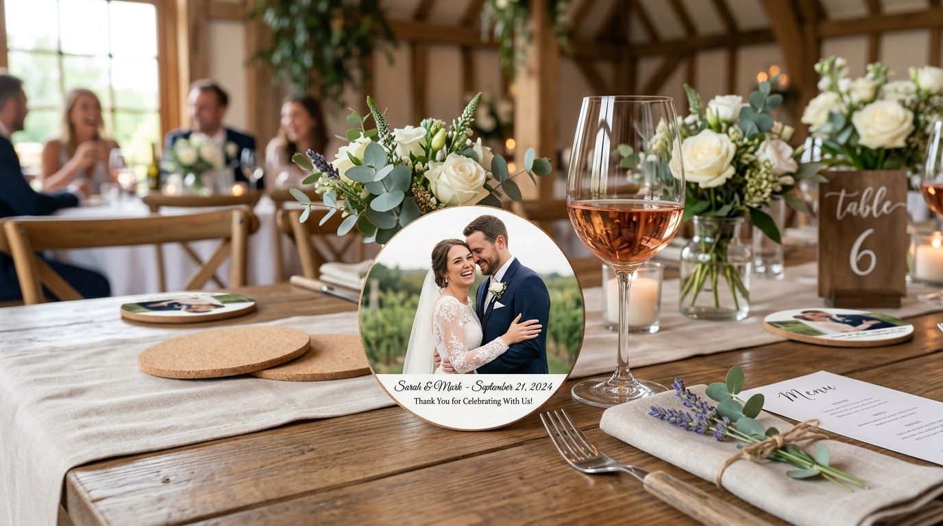 Personalised photo coasters for wedding favours