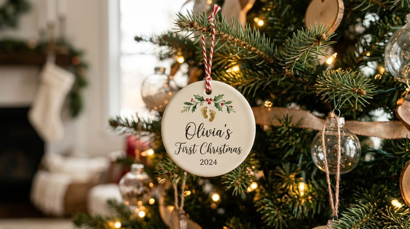 Personalised photo ornaments for baby's first Christmas