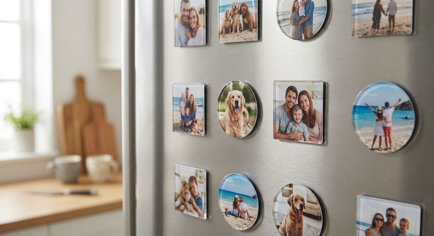 Personalised photo magnets for fridge galleries