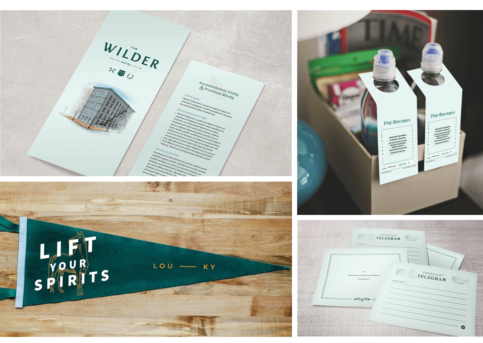 The Wilder Hotel brochure, water bottle tags, flag, and post cards. 