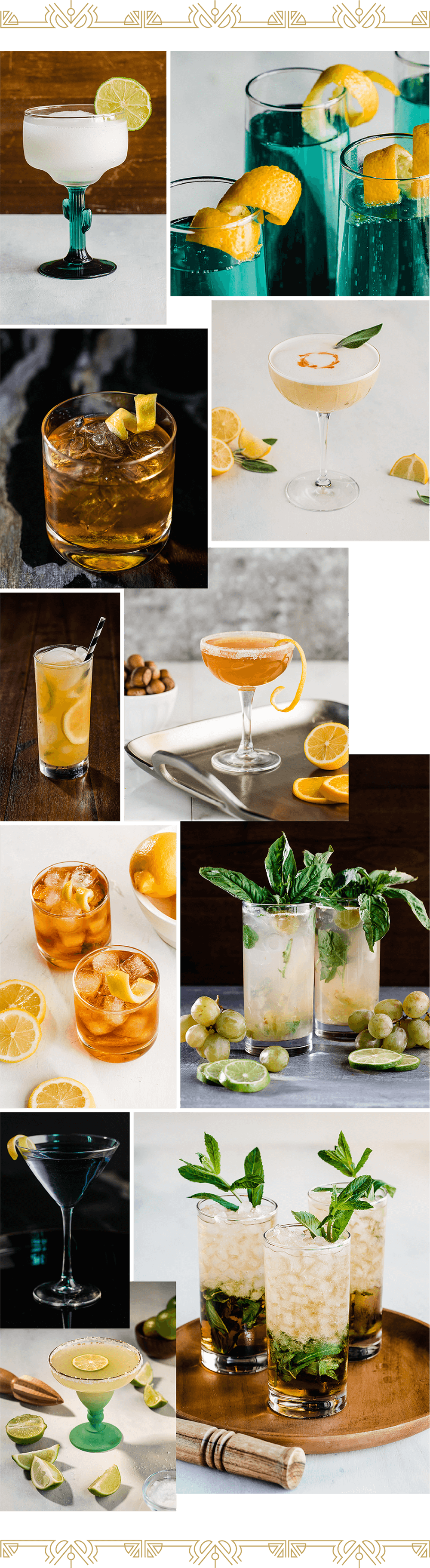A collage of a variety of Mr. Boston garnished drinks.