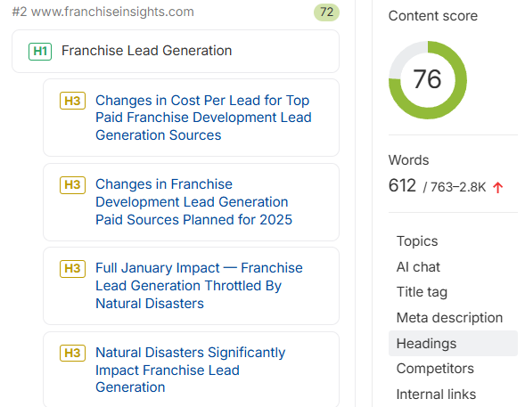 Screenshot of Ahrefs content editor showing analysis of headings for a page on a example website.