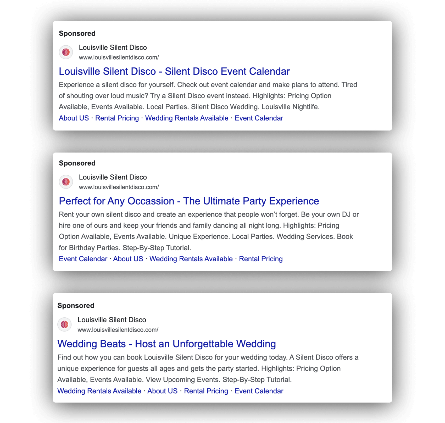 3 Louisville Silent Disco search ads, stacked