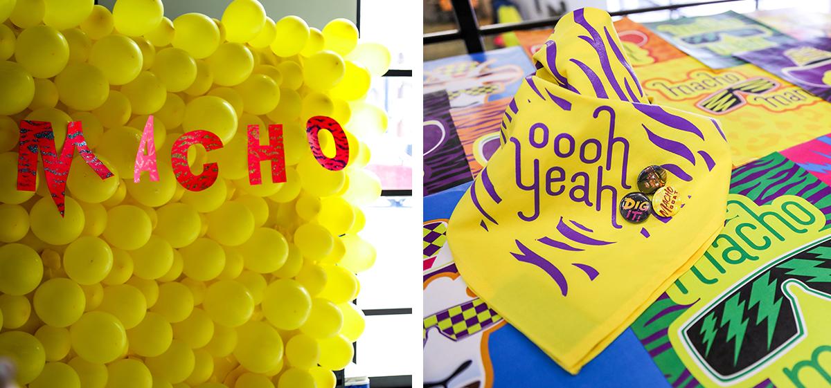 Left: Macho sign and yellow balloon backdrop. Right: "Oooh yeah" zebra-striped bandanas.