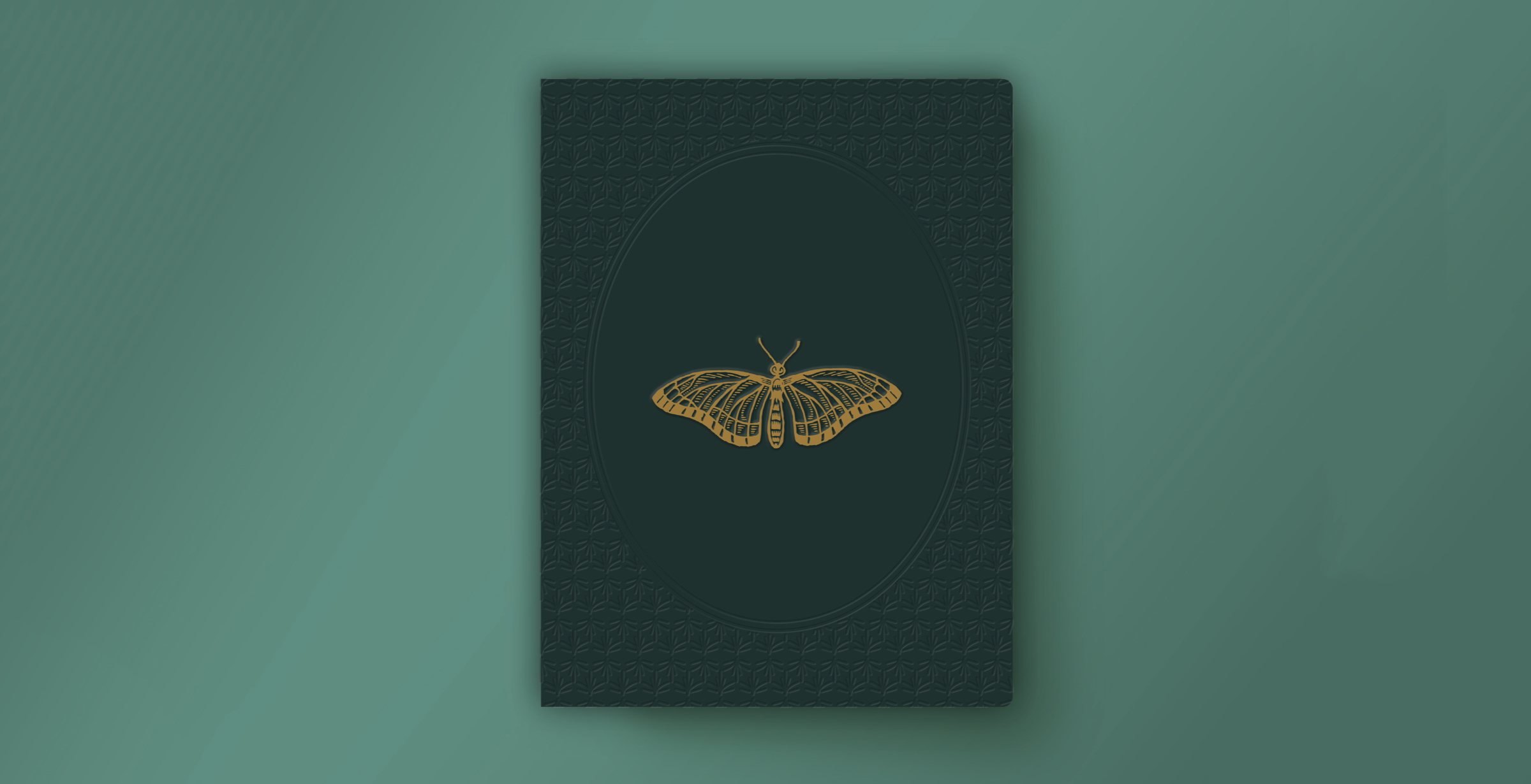 Gold moth illustration on a green cover of a book.