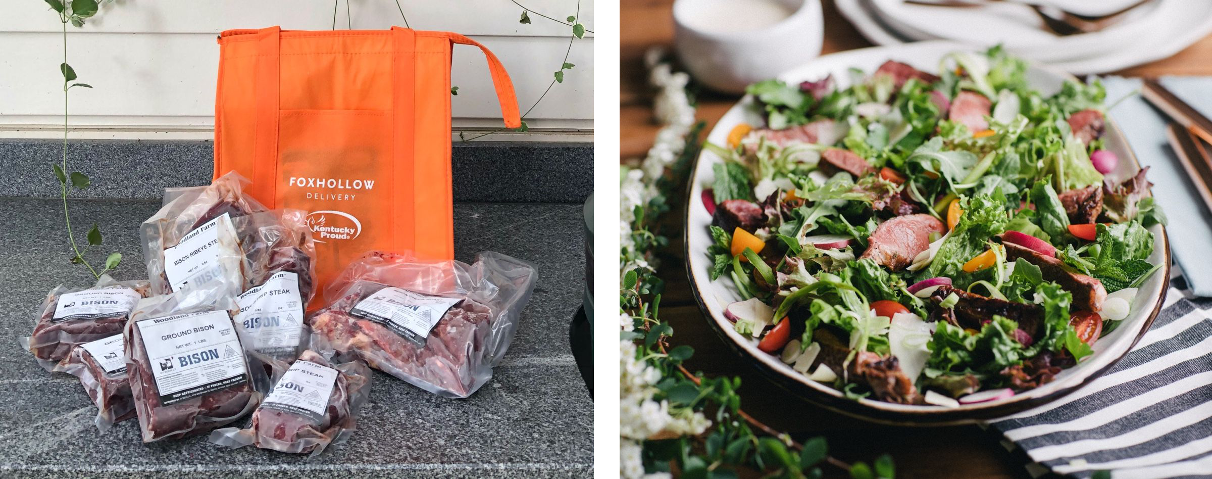 Left: Foxhollow Farm orange reusable bag with packaged meat. Right: Salad in bowl.
