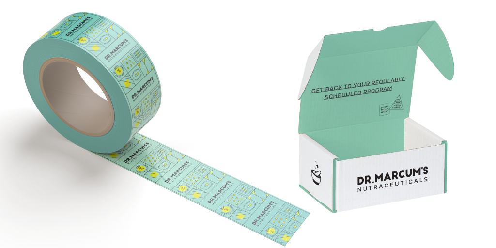 Branded packaging tape and box.