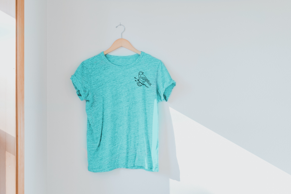 Blue Revelry tee shirt hanging on a white wall.