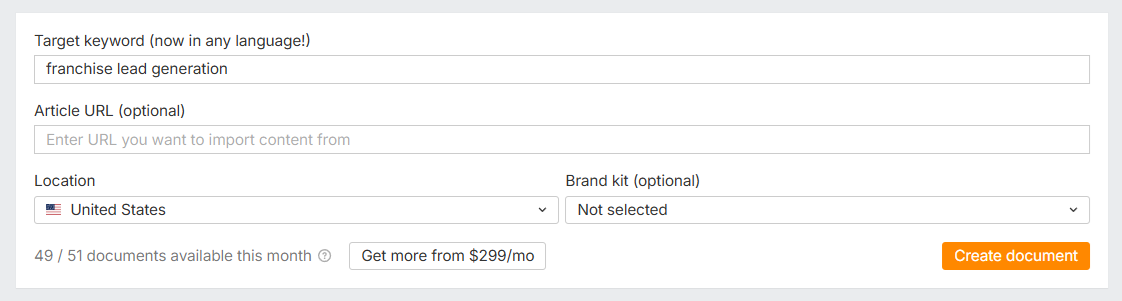 Screenshot of Ahrefs AI Content Helper setup. The target keyword field is filled with "franchise lead generation." Optional fields include Article URL and Brand kit. Location is set to United States.