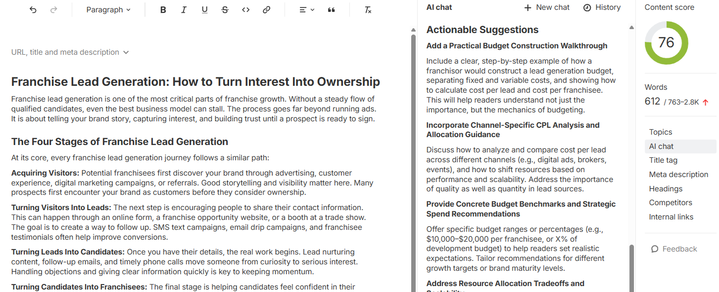 Screenshot of Ahrefs content editor showing AI chat suggestions for improving an article on franchise lead generation. Under "Actionable Suggestions," AI-generated ideas include adding a budget construction walkthrough, incorporating channel-specific cost-per-lead analysis, providing budget benchmarks, and addressing resource allocation tradeoffs. 