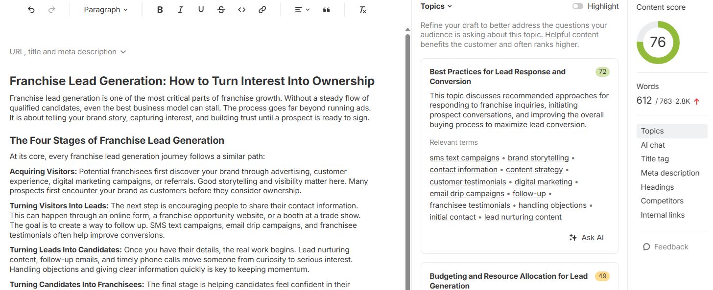 Screenshot of Ahrefs content editor showing a content score of 76 out of 100. The sidebar highlights a topic score example: "Best Practices for Lead Response and Conversion" with a score of 72, including related terms such as sms text campaigns, customer testimonials, and lead nurturing content.