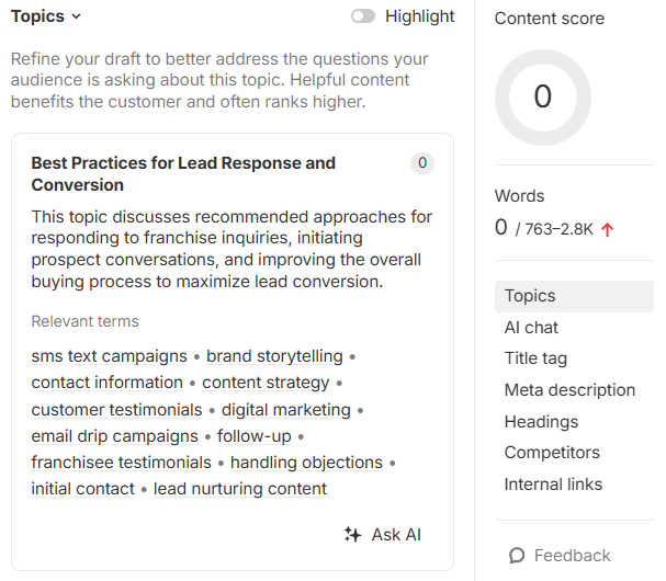 Alt text: Screenshot of Ahrefs content editor showing topic guidance. The highlighted topic is "Best Practices for Lead Response and Conversion," describing strategies for responding to franchise inquiries, starting prospect conversations, and improving lead conversion.