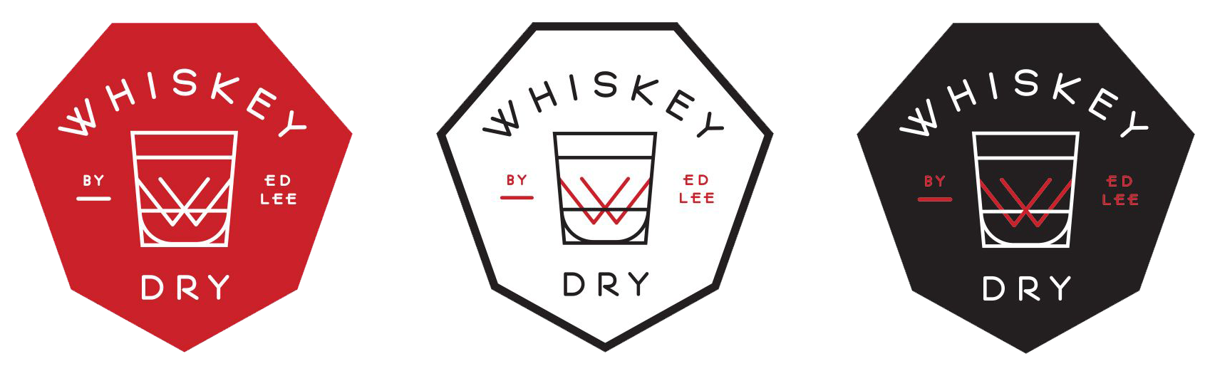 Whiskey Dry logo marks in red, white and black color schemes. 