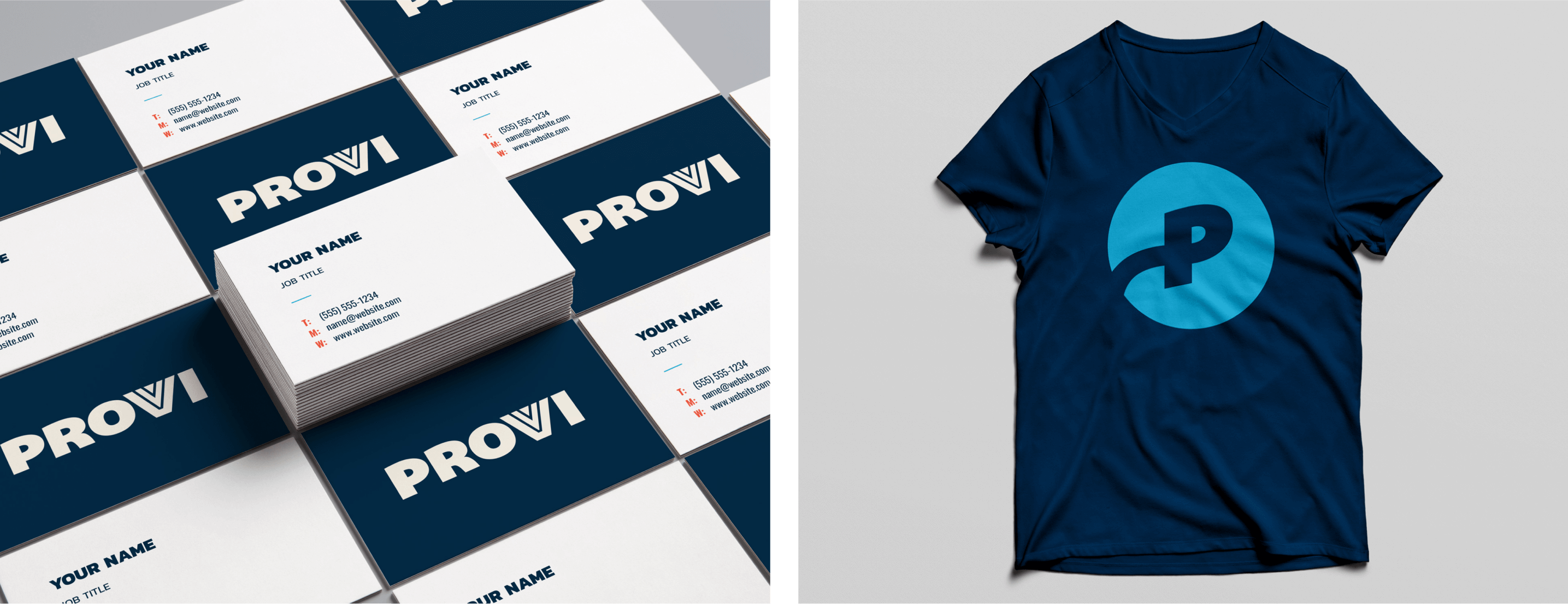 Business cards and a t-shirt with the new Provi branding