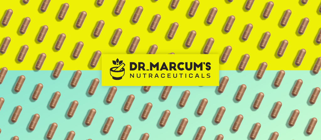 Dr. Marcum's logo on top of pattern of supplements. 