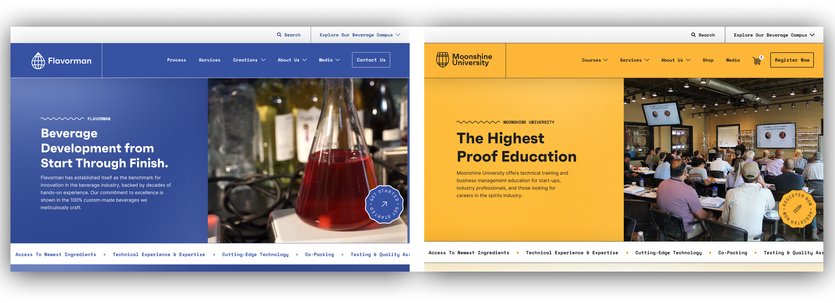 Flavorman and Moonshine University sites side by side
