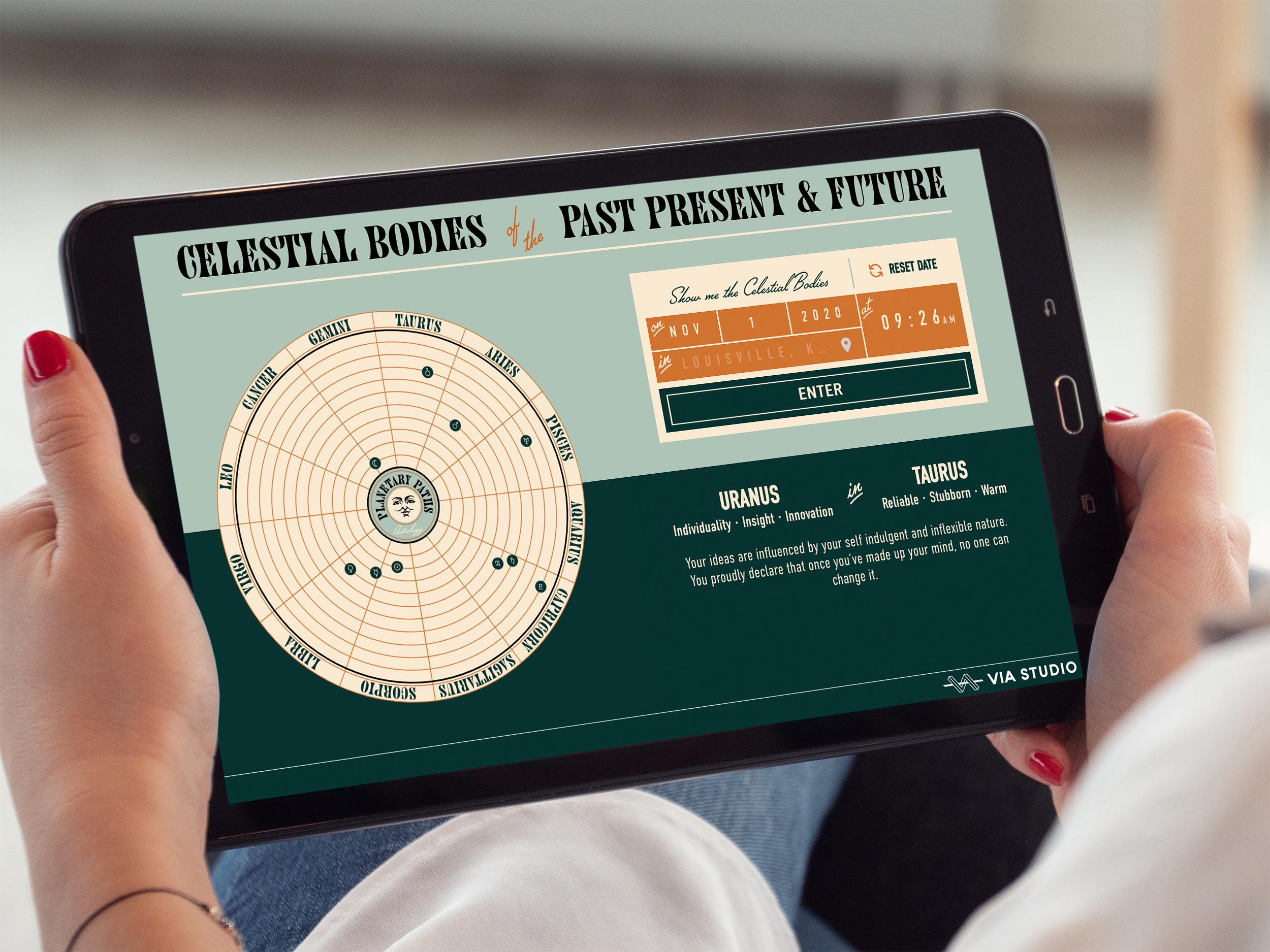 Celestial Bodies website design on a horizontal tablet.