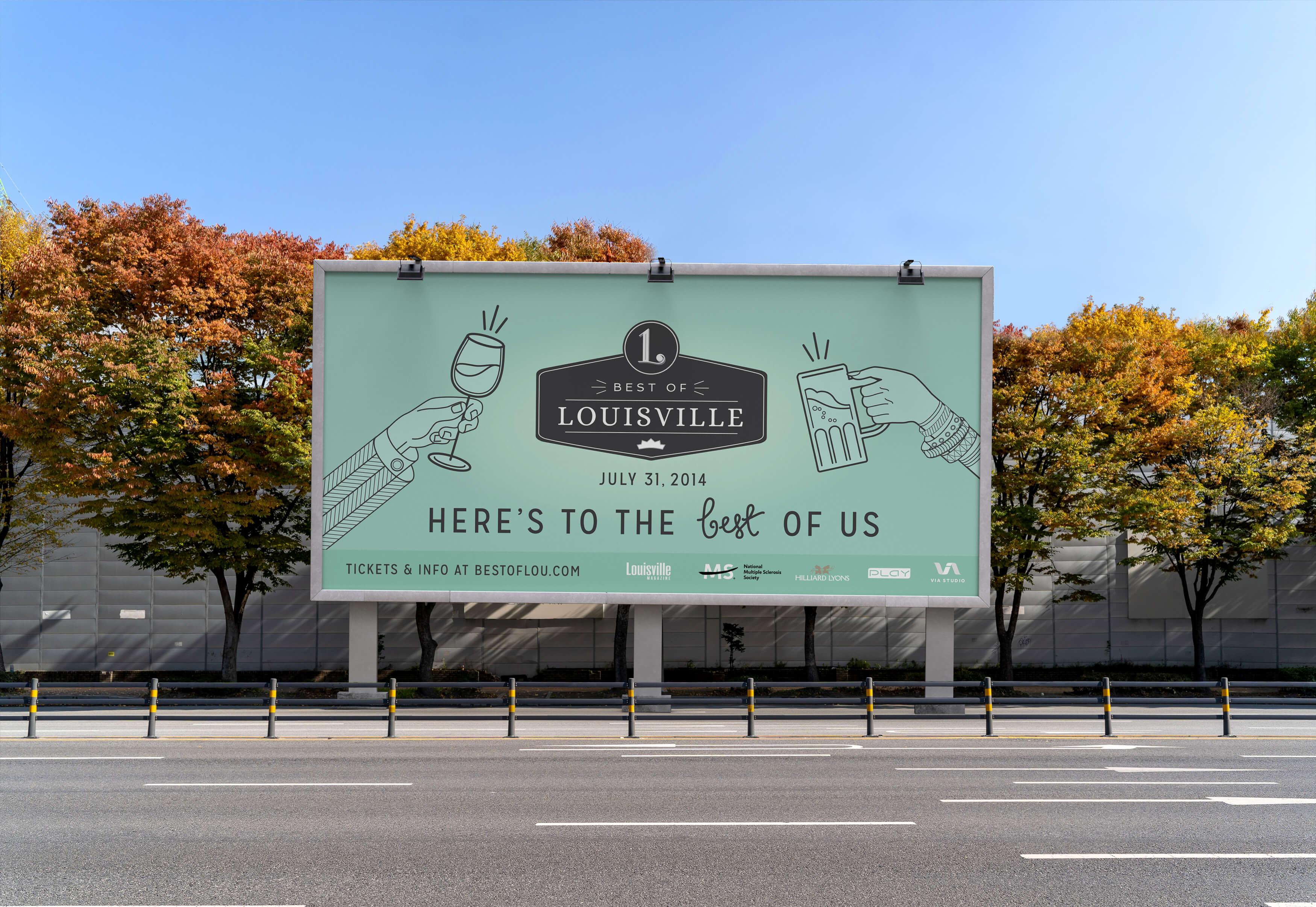 Best of Louisville billboard design in front of trees.