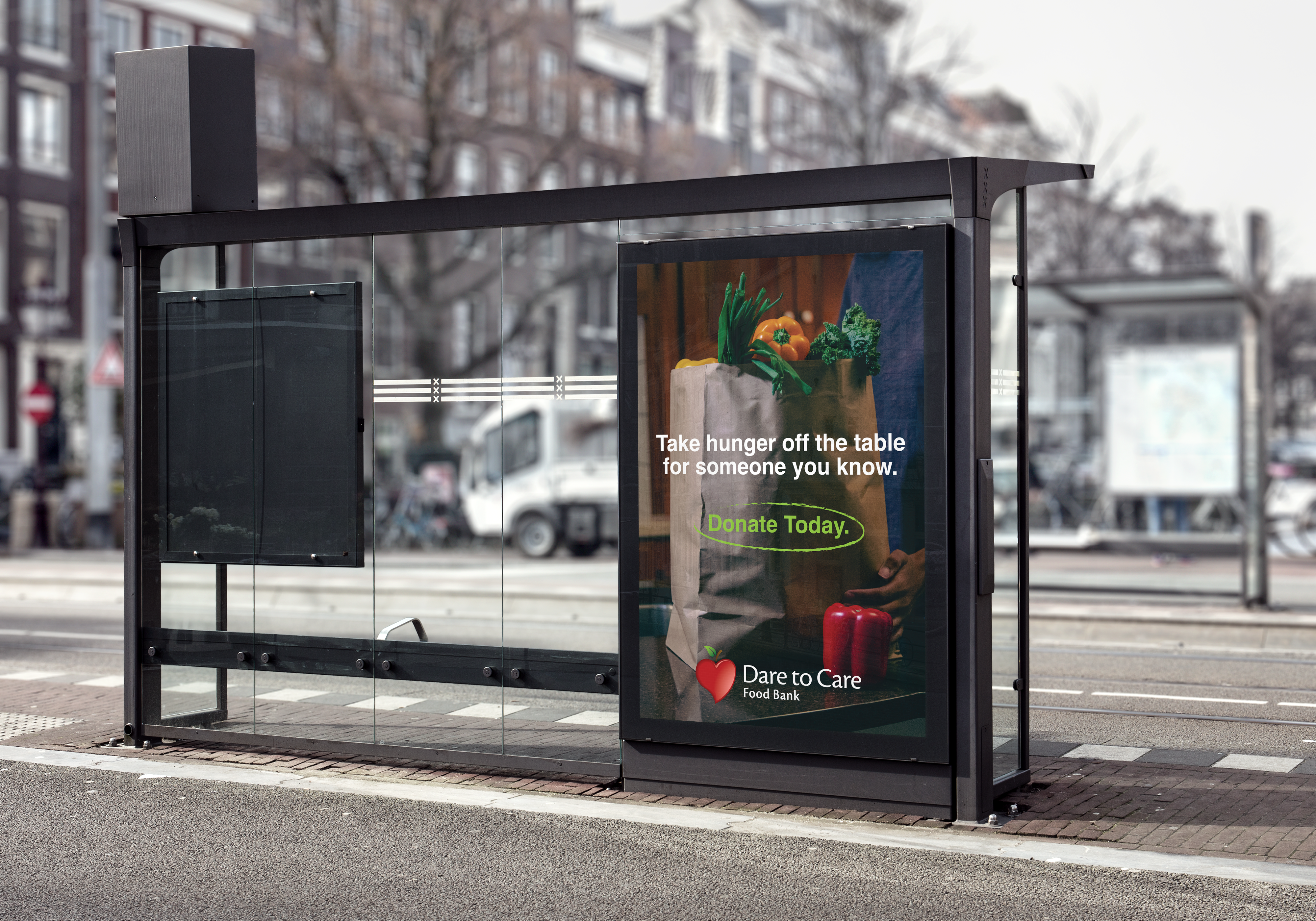 2022 Dare to Care bus shelter out-of-home advertising design for non-profit marketing campaign.