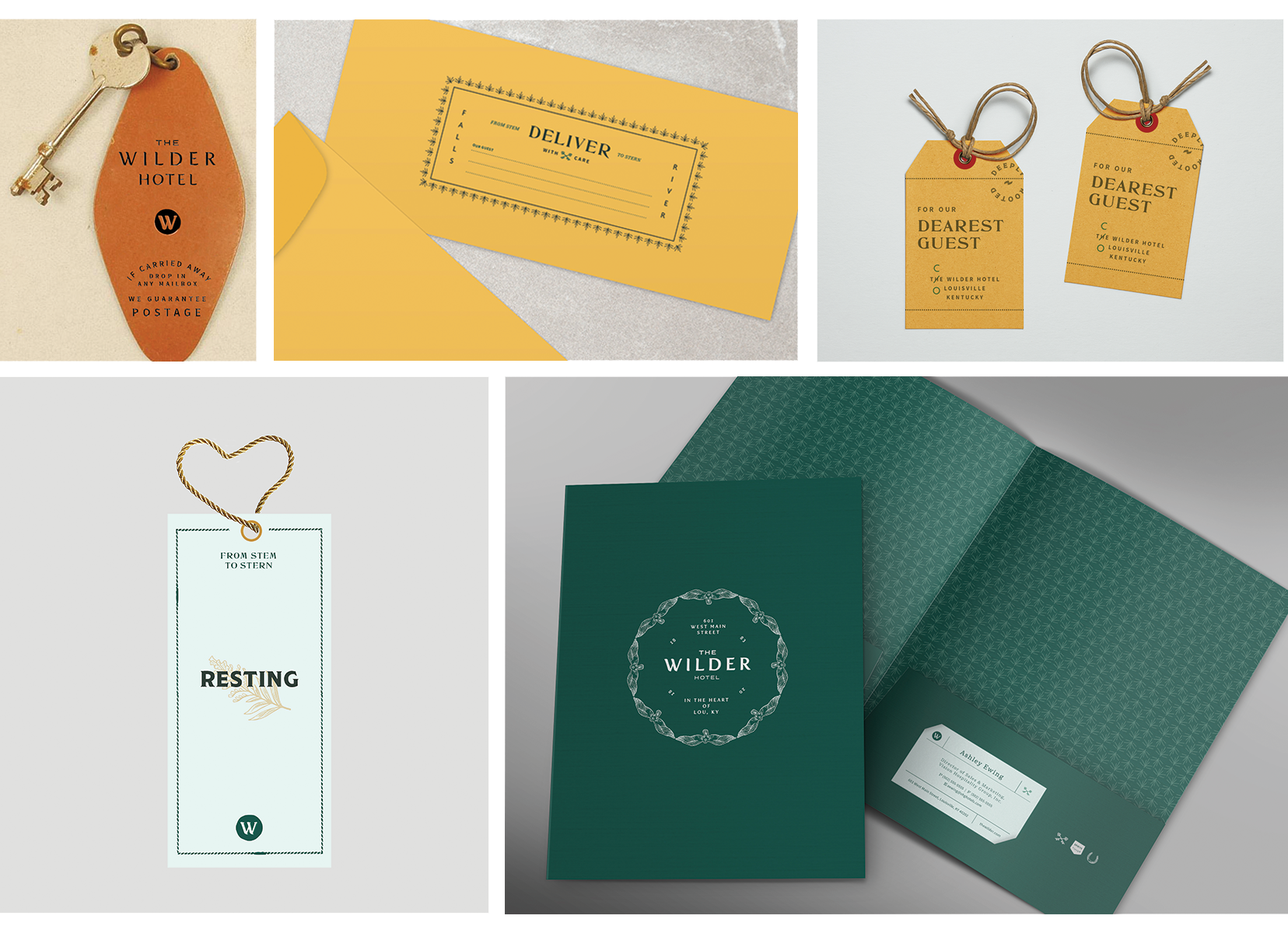 The Wilder Hotel branded key tag, envelope, luggage tags, door tag, and folder.