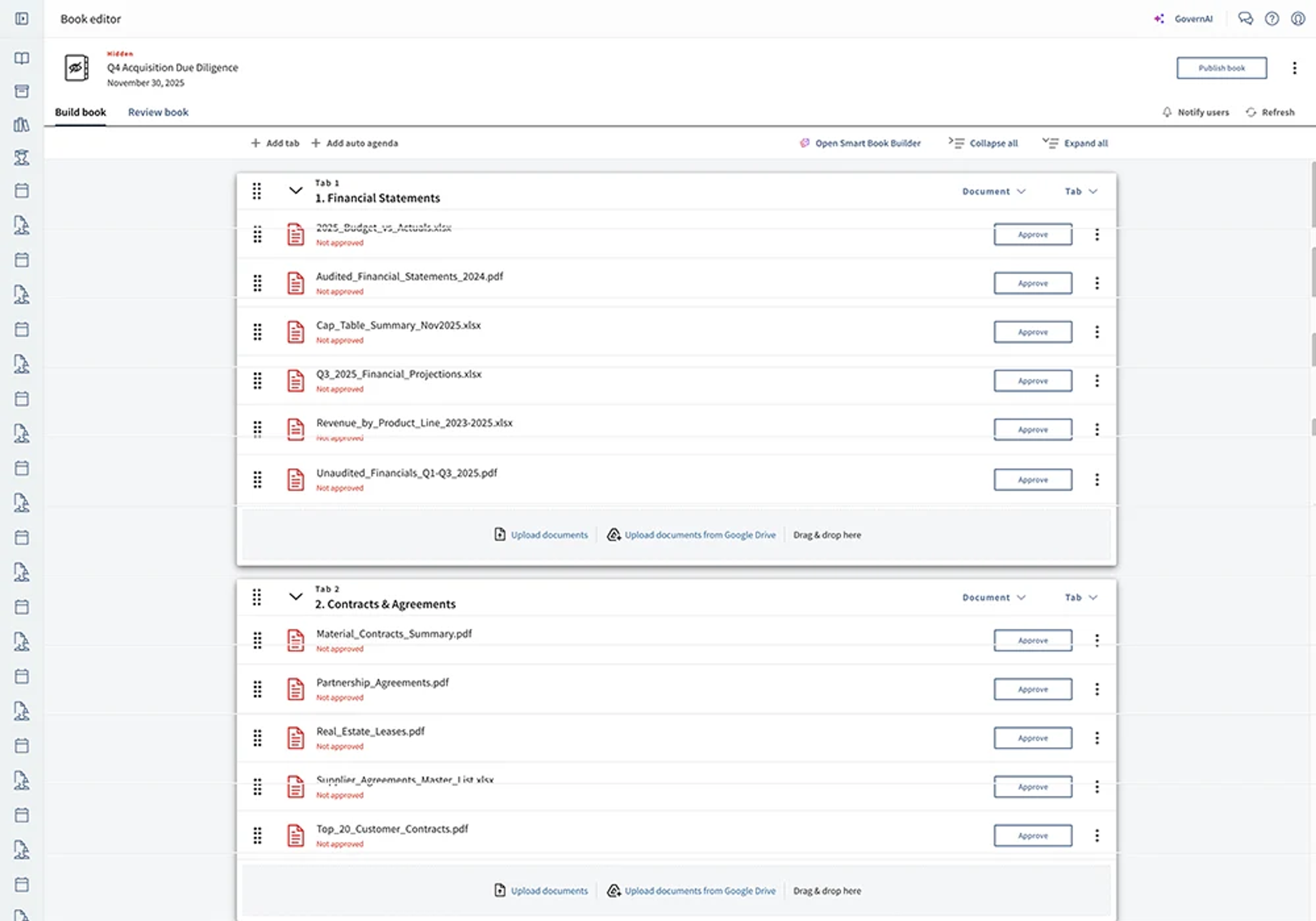 Diligent board management software showing how to prepare for an IPO with organized document tabs for Q4 acquisition due diligence including financial statements, contracts, and agreements with approval workflows